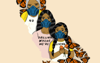shape of CA state with butterflies and masked faces