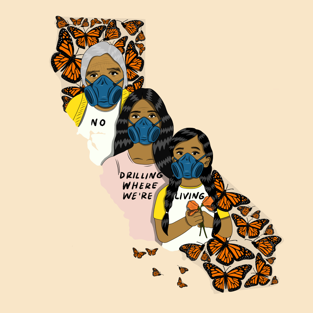 shape of CA state with butterflies and masked faces