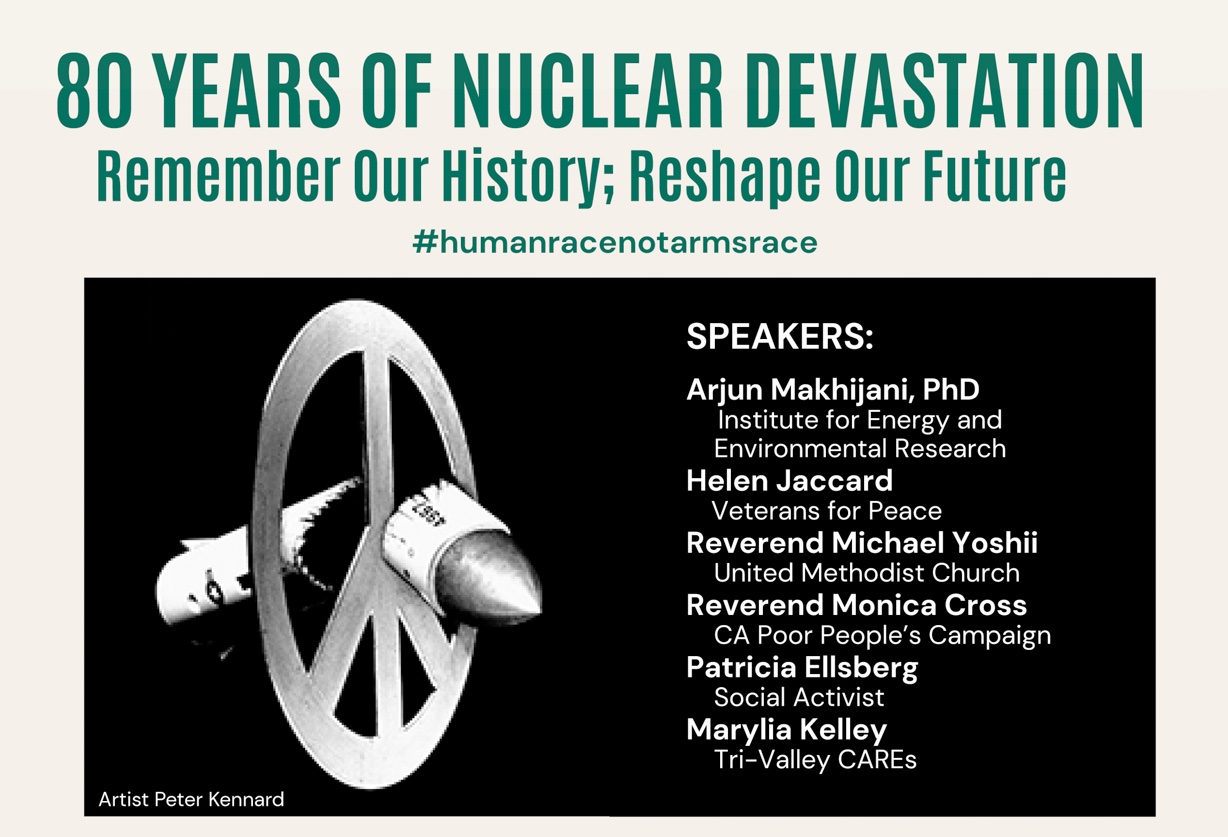 bomb through a peace symbol and text 80 Years of Nuclear Devastation