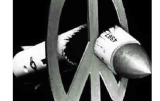 a peace symbol breaking a bomb in half